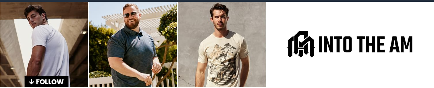 INTO THE AM banner showing three men wearing basic and graphic T-shirts beside the brand logo.