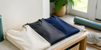 3 Everyday T-Shirts for an Active Lifestyle (2026) Three unbranded ivory, charcoal and navy T-shirts beside a water bottle, walking shoes and exercise mat.