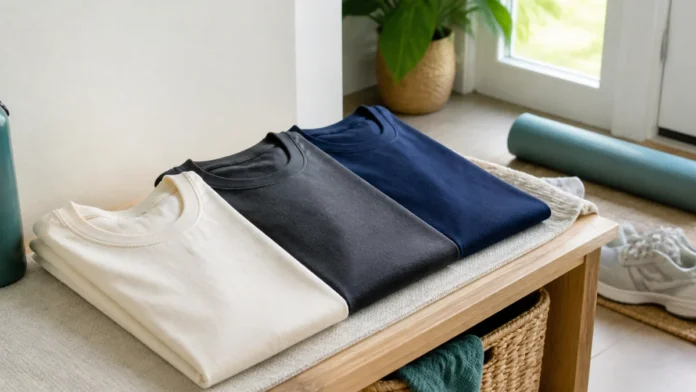 healthy-routine-tshirt-hero Three unbranded ivory, charcoal and navy T-shirts beside a water bottle, walking shoes and exercise mat.
